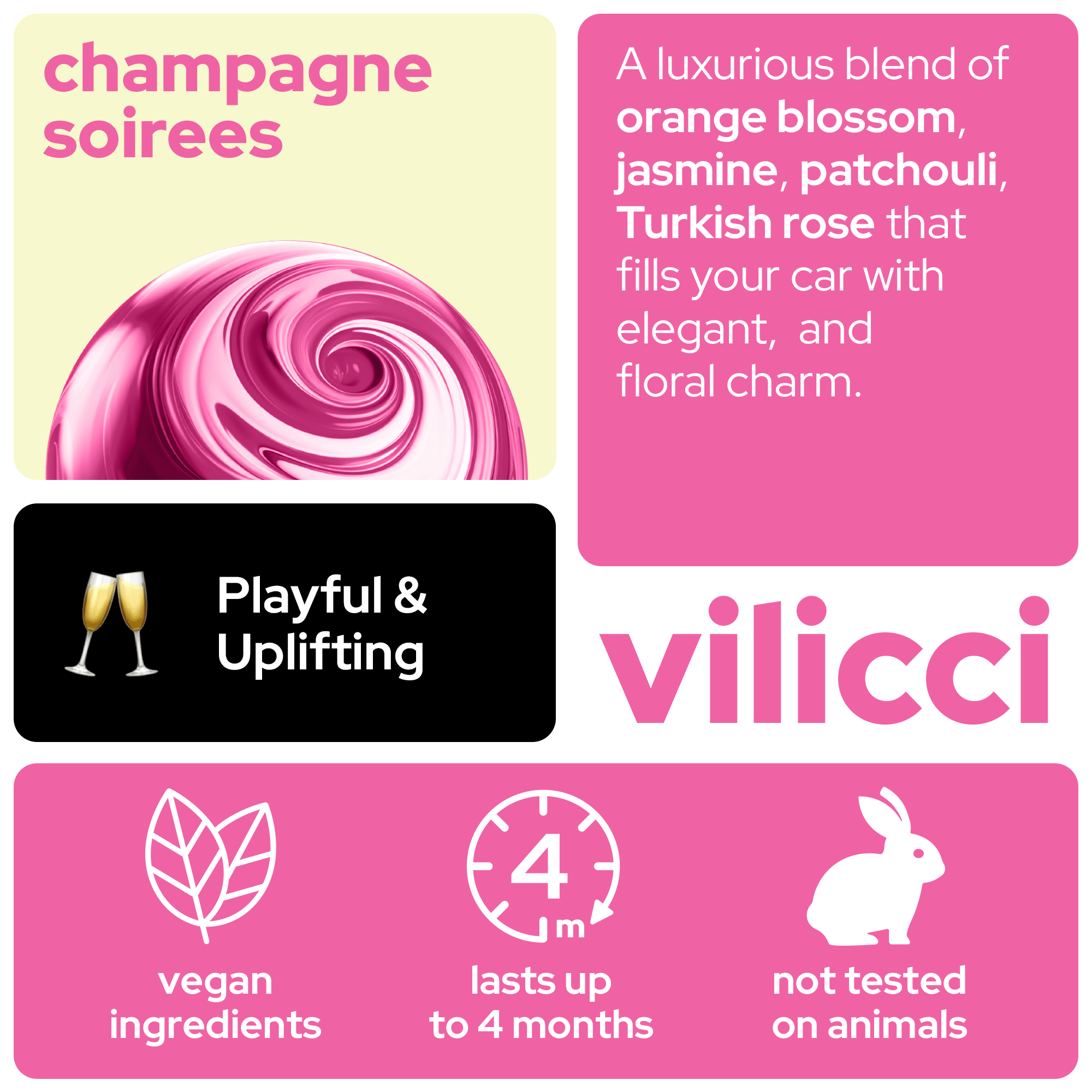 Vilicci Champagne Soirées car diffuser scent card with orange blossom, jasmine, patchouli, and Turkish rose, described as Playful & Uplifting with a floral elegance